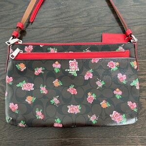 Coach Floral Crossbody Bag with Black and Brown Monogram - Silver Hardware